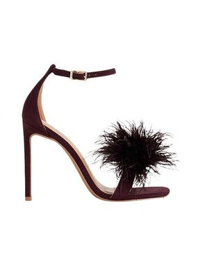 Express Burgundy Feather Pom Ankle Strap Heels